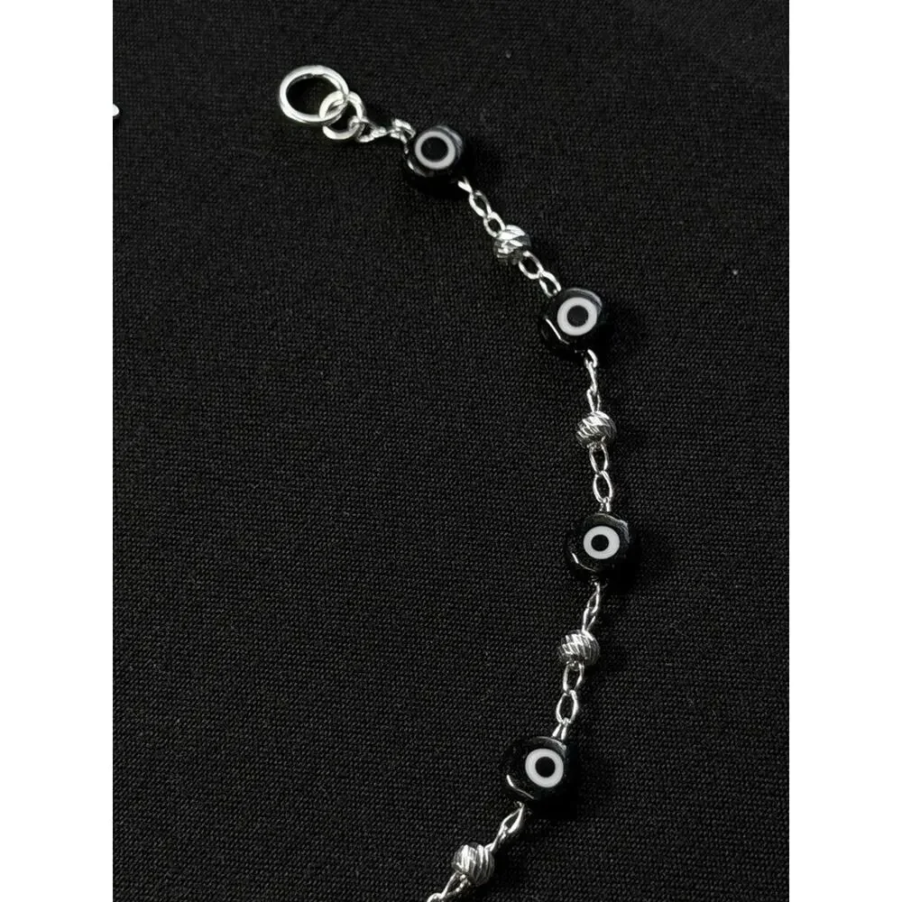 Sterling Silver Black Evil Eye Bead Bracelet Diamond Cut Beads Protection 9 Inch